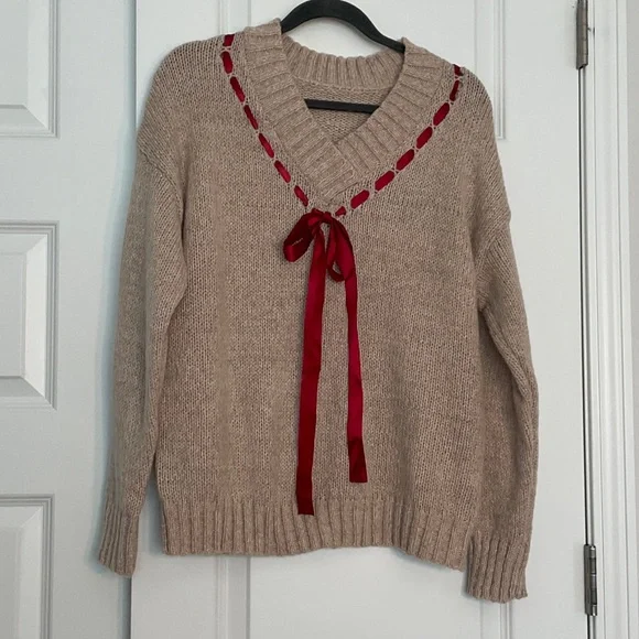 Beige Sweater with Red Satin Ribbon Accents - Picture 1 of 4
